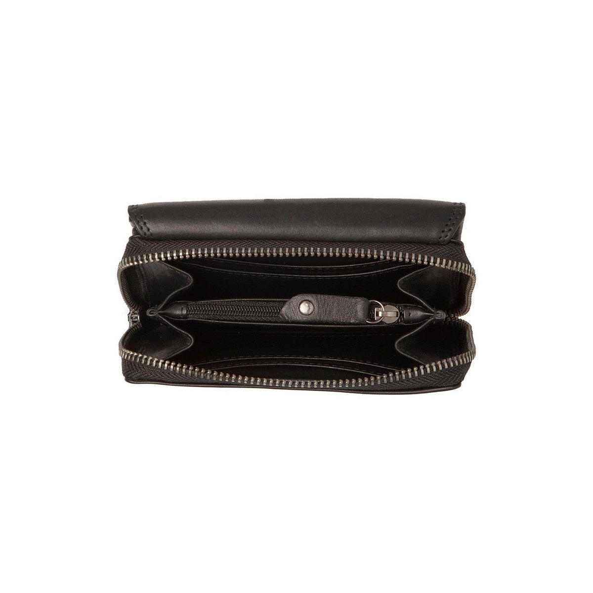
Solid Antique Brass Hardware & Heavy-Duty Dual Zipper Detail on Salviano ტყავის საფულე