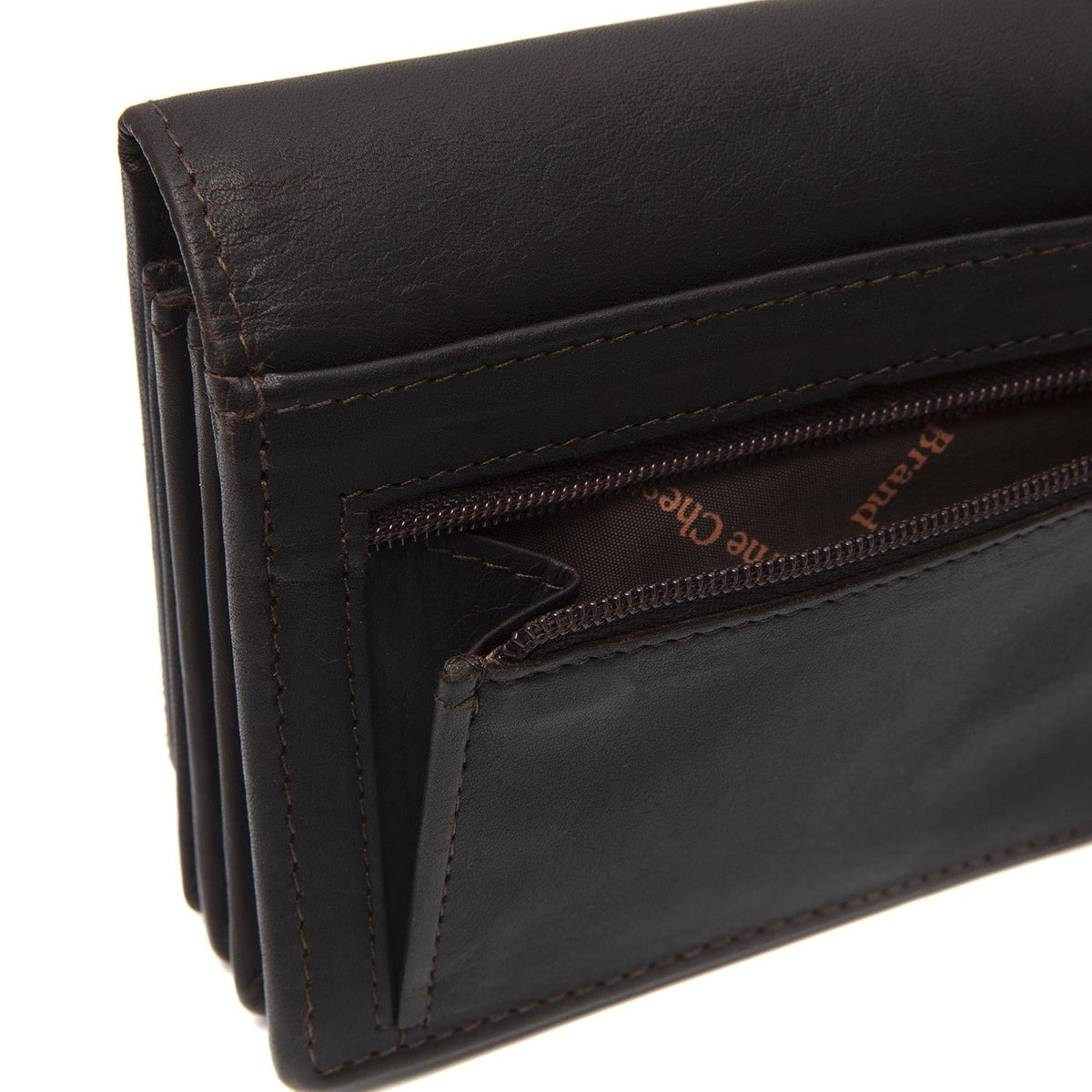 
Solid Antique Brass Hardware & Heavy-Duty Dual Zipper Detail on Salzburg ტყავის საფულე