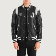 
Liberte New Jersey შავი Leather Varsity ტყავის ქურთუკი მამაკაცის in Black & White Sheepskin Leather - წინა ხედი და მორგებული სილუეტი | შეიძინეთ ონლაინ