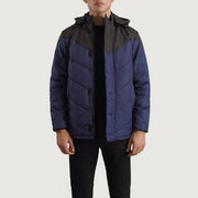 
Luka შავი & ლურჯი Hooded Puffer ტყავის ქურთუკი მამაკაცის in Black & Blue Full-Grain Leather - წინა ხედი და მორგებული სილუეტი | შეიძინეთ ონლაინ