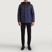 
Luka შავი & ლურჯი Hooded Puffer ტყავის ქურთუკი მამაკაცის - გვერდითი პროფილი ერგონომიული სახელოს ჭრით