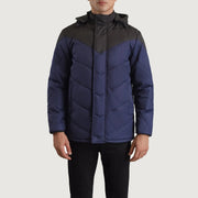 
ახლო ხედი of Classic Collar & Zipper With Velcro Placket Hardware on Luka შავი & ლურჯი Hooded Puffer ტყავის ქურთუკი მამაკაცის