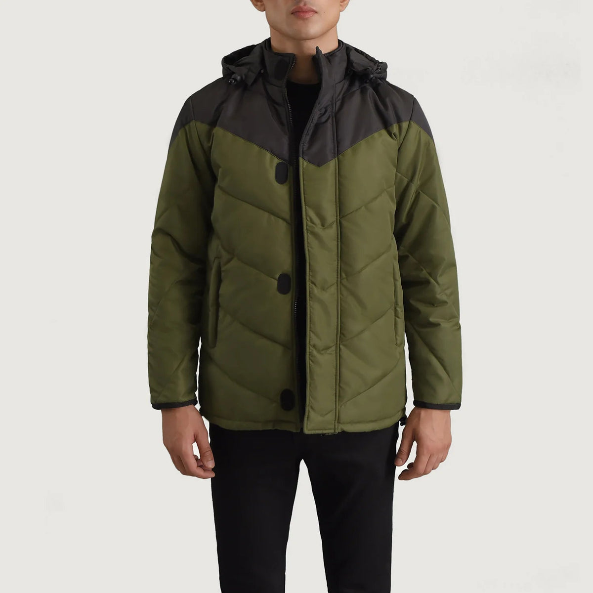 
Luka შავი & მწვანე Hooded Puffer ტყავის ქურთუკი მამაკაცის in Black & Green Full-Grain Leather - წინა ხედი და მორგებული სილუეტი | შეიძინეთ ონლაინ