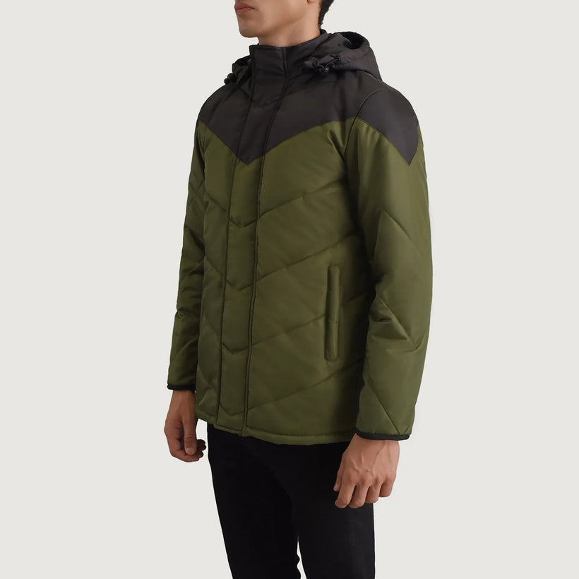 Luka შავი & მწვანე Hooded Puffer ტყავის ქურთუკი მამაკაცის