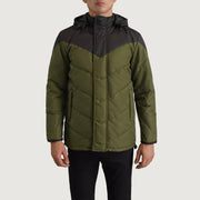 
ახლო ხედი of Classic Collar & Zipper With Velcro Placket Hardware on Luka შავი & მწვანე Hooded Puffer ტყავის ქურთუკი მამაკაცის