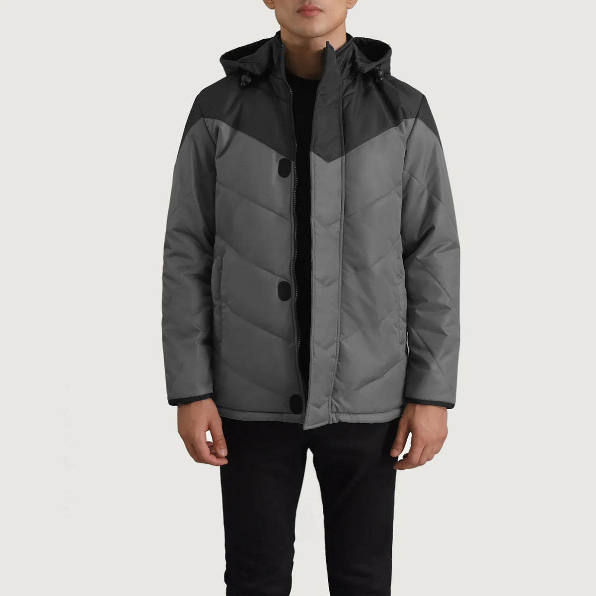 
Luka შავი & Grey Hooded Puffer ტყავის ქურთუკი მამაკაცის in Black & Grey Full-Grain Leather - წინა ხედი და მორგებული სილუეტი | შეიძინეთ ონლაინ