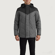 
ახლო ხედი of Classic Collar & Zipper With Velcro Placket Hardware on Luka შავი & Grey Hooded Puffer ტყავის ქურთუკი მამაკაცის