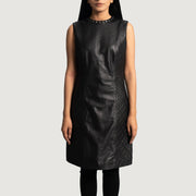 
Luxe შავი Leather Dress ქალის in Black Sheepskin Leather - წინა ხედი და მორგებული სილუეტი | შეიძინეთ ონლაინ