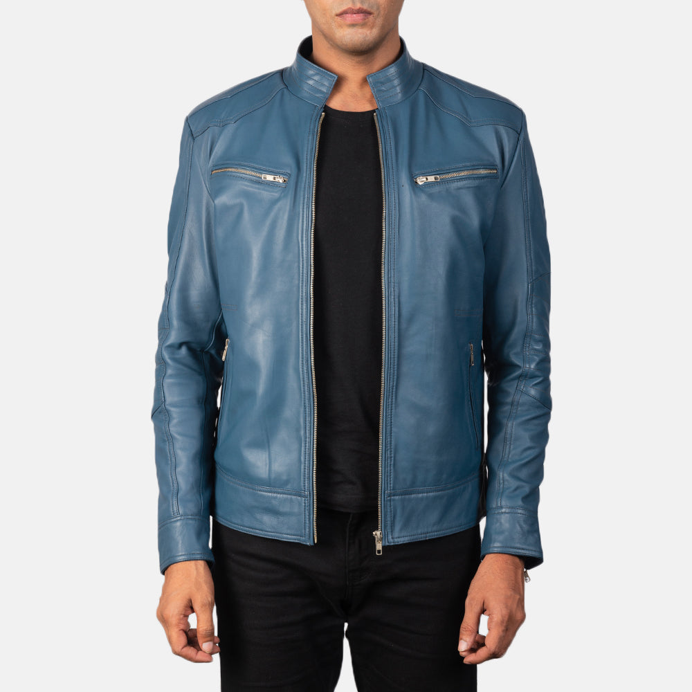 Mack Blue Leather Biker Jacket in Blue Sheepskin Leather - Front Profile View &amp; Tailored Silhouette | Buy Online