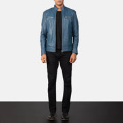 Mack Blue Leather Biker Jacket - Lateral Side Profile View Showing Sleeve Cut &amp; Athletic Taper Fit
