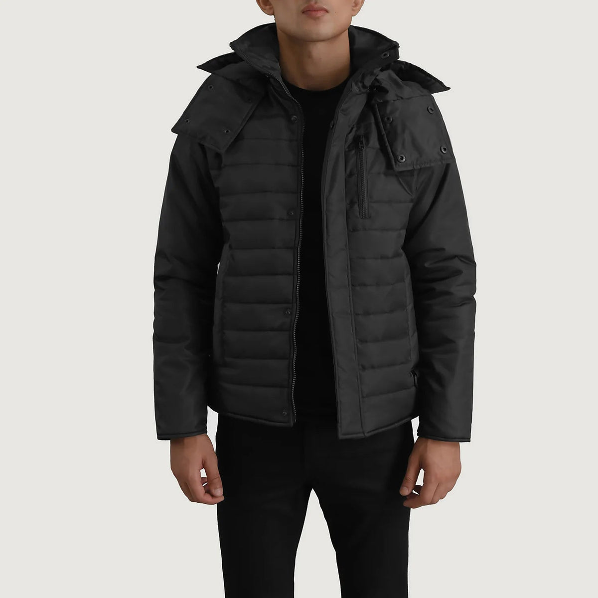 
Malcolm შავი Hooded Puffer ტყავის ქურთუკი მამაკაცის შავი ნატურალური ხარის ტყავით - წინა ხედი და მორგებული სილუეტი | შეიძინეთ ონლაინ