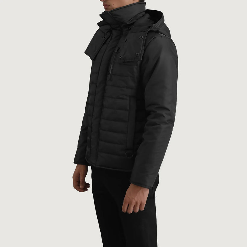 Malcolm შავი Hooded Puffer ტყავის ქურთუკი მამაკაცის