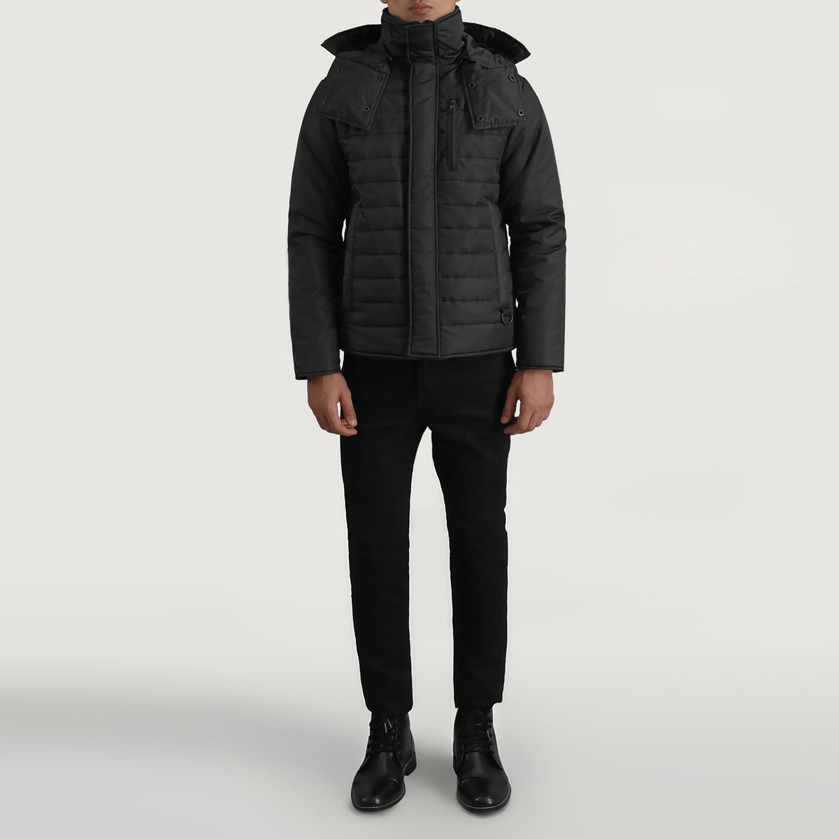 
Malcolm შავი Hooded Puffer ტყავის ქურთუკი მამაკაცის - გვერდითი პროფილი ერგონომიული სახელოს ჭრით
