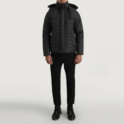 
Malcolm შავი Hooded Puffer ტყავის ქურთუკი მამაკაცის - გვერდითი პროფილი ერგონომიული სახელოს ჭრით
