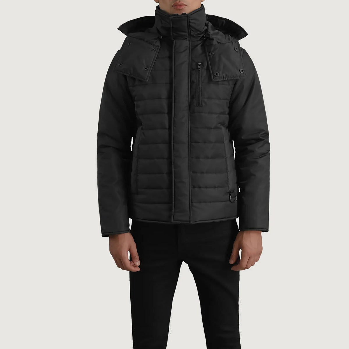 
ახლო ხედი of Classic Collar & Zipper With Placket Hardware on Malcolm შავი Hooded Puffer ტყავის ქურთუკი მამაკაცის