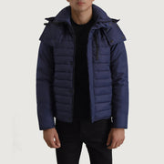 
Malcolm ლურჯი Hooded Puffer ტყავის ქურთუკი მამაკაცის in Blue Full-Grain Leather - წინა ხედი და მორგებული სილუეტი | შეიძინეთ ონლაინ