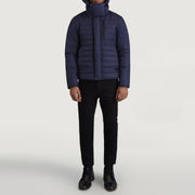 
Malcolm ლურჯი Hooded Puffer ტყავის ქურთუკი მამაკაცის - გვერდითი პროფილი ერგონომიული სახელოს ჭრით