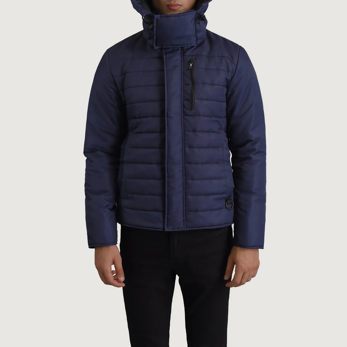 
ახლო ხედი of Classic Collar & Zipper With Placket Hardware on Malcolm ლურჯი Hooded Puffer ტყავის ქურთუკი მამაკაცის