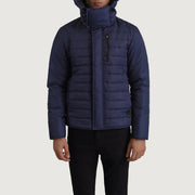 
ახლო ხედი of Classic Collar & Zipper With Placket Hardware on Malcolm ლურჯი Hooded Puffer ტყავის ქურთუკი მამაკაცის