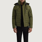 
Malcolm მწვანე Hooded Puffer ტყავის ქურთუკი მამაკაცის in Green Full-Grain Leather - წინა ხედი და მორგებული სილუეტი | შეიძინეთ ონლაინ