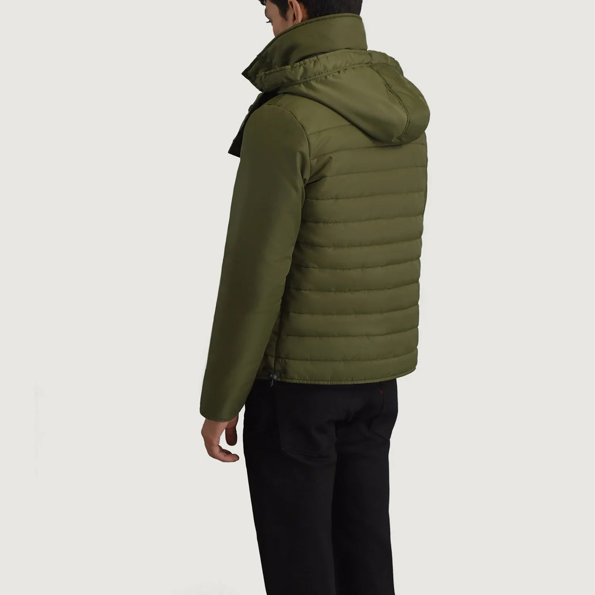 
Green Full-Grain Leather Hooded Jacket - უკანა ხედი გამოკვეთილი მხრებით და სუფთა დაბოლოებით