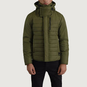 
Malcolm მწვანე Hooded Puffer ტყავის ქურთუკი მამაკაცის - გვერდითი პროფილი ერგონომიული სახელოს ჭრით