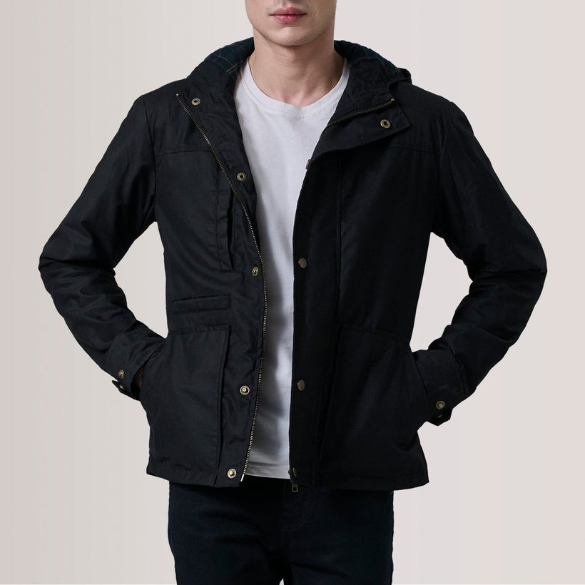 Marlo შავი Canvas Hooded Work ტყავის ქურთუკი მამაკაცის