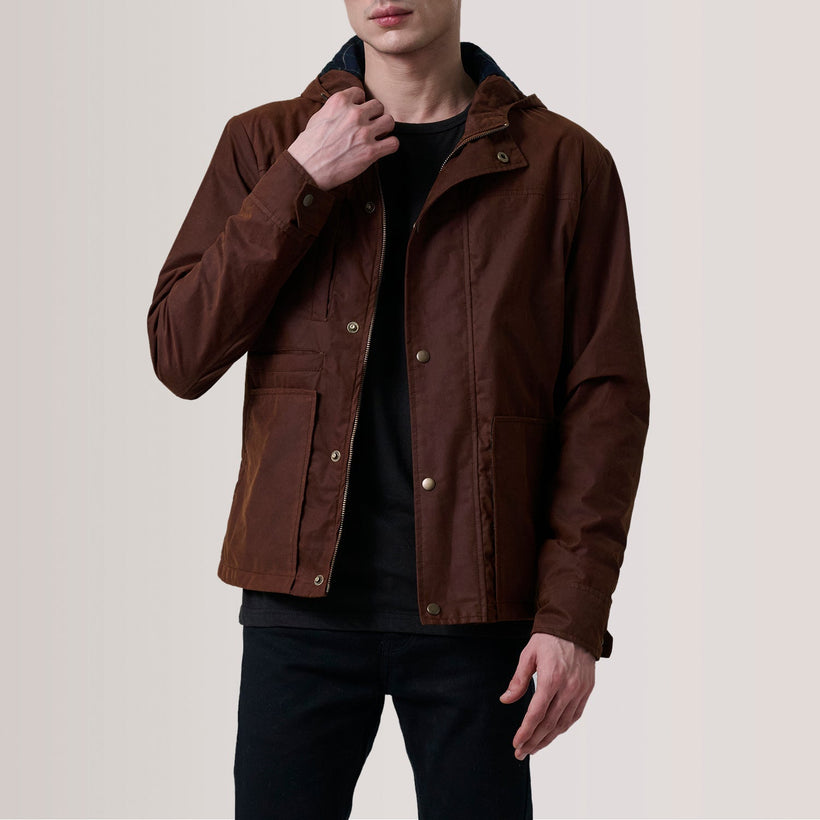 Marlo ყავისფერი Canvas Hooded Work ტყავის ქურთუკი მამაკაცის