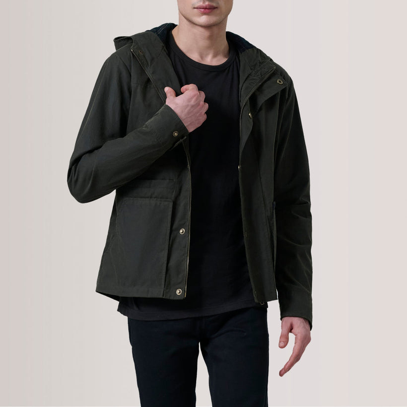 Marlo Olive Canvas Hooded Work ტყავის ქურთუკი მამაკაცის