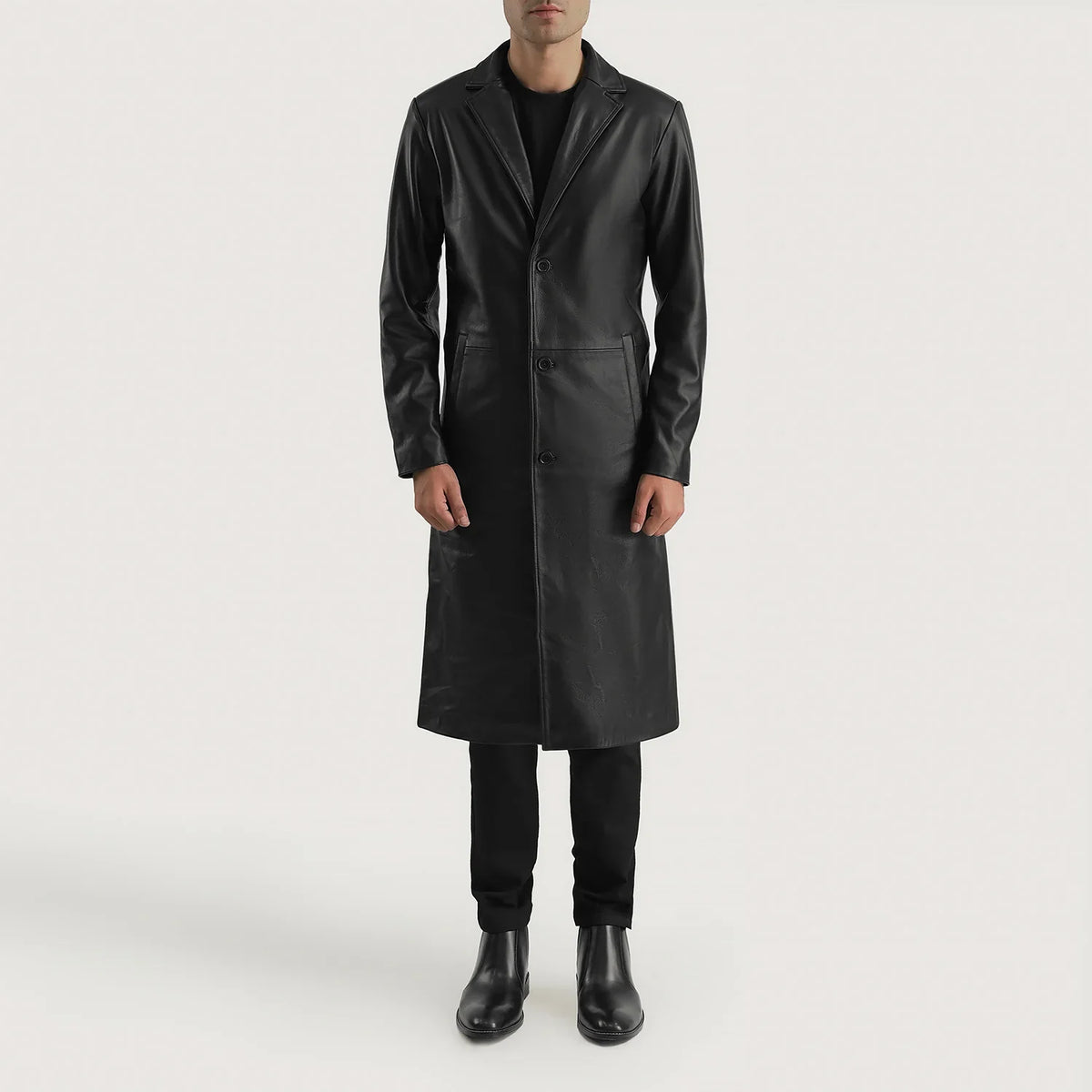 Mateo Black Leather Single Breasted Coat - Lateral Side Profile View Showing Sleeve Cut &amp; Athletic Taper Fit