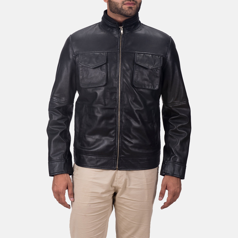 Maurice Black Leather Jacket in Black Sheepskin Leather - Front Profile View &amp; Tailored Silhouette | Buy Online