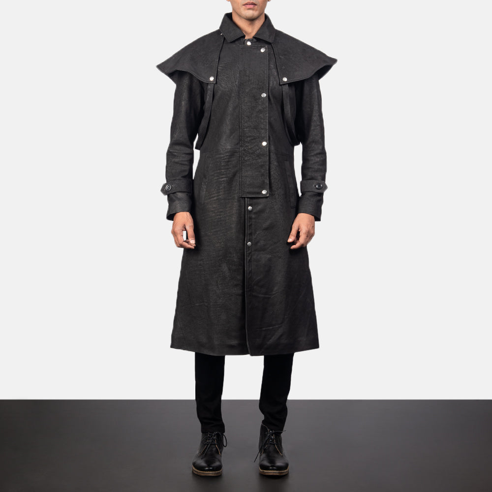 
Maverick შავი Leather Duster მამაკაცის in Distressed Black Sheepskin Snuffed - წინა ხედი და მორგებული სილუეტი | შეიძინეთ ონლაინ