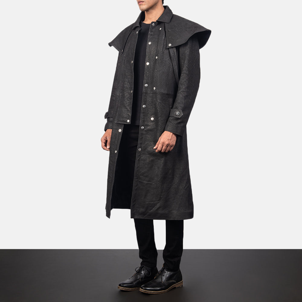 
Distressed Black Sheepskin Snuffed Trench Coat - უკანა ხედი გამოკვეთილი მხრებით და სუფთა დაბოლოებით