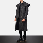 
Distressed Black Sheepskin Snuffed Trench Coat - უკანა ხედი გამოკვეთილი მხრებით და სუფთა დაბოლოებით