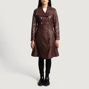 
Maroon Sheepskin Leather Trench Coat - უკანა ხედი გამოკვეთილი მხრებით და სუფთა დაბოლოებით