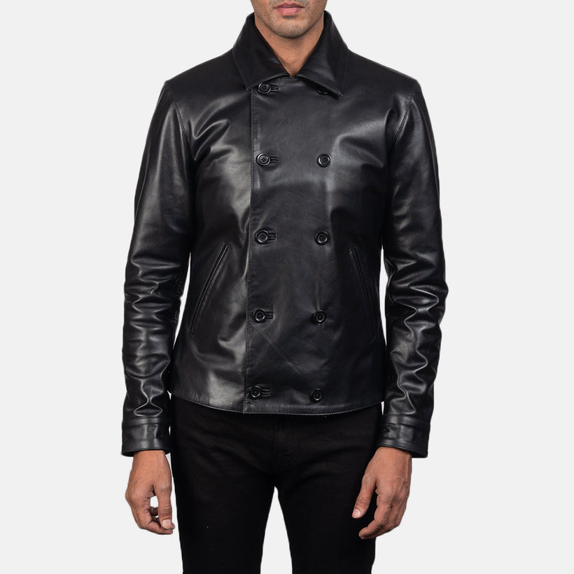 Mod შავი Leather Peacoat მამაკაცის
