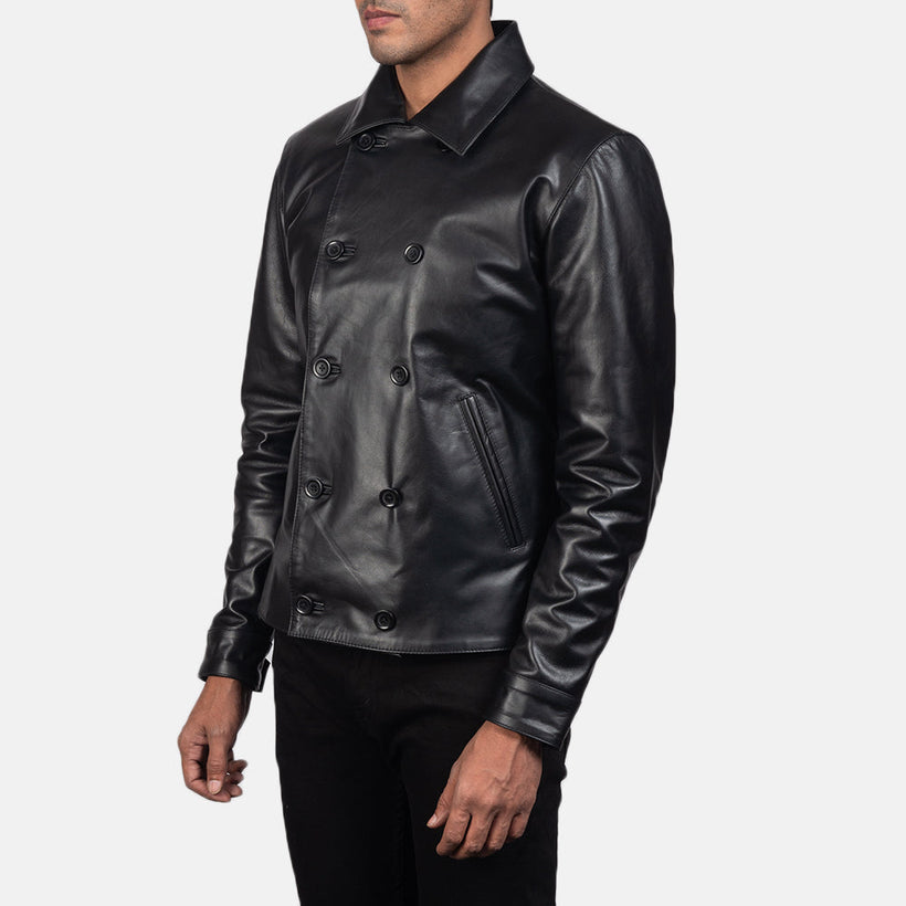 Mod შავი Leather Peacoat მამაკაცის