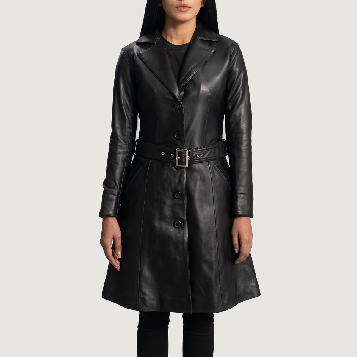 Close-Up Detail of Notch &amp; Button Hardware on Women's Moonlight Black Leather Trench Coat