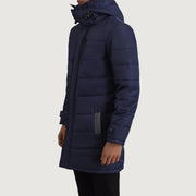 
Blue Full-Grain Leather Hooded Jacket - უკანა ხედი გამოკვეთილი მხრებით და სუფთა დაბოლოებით