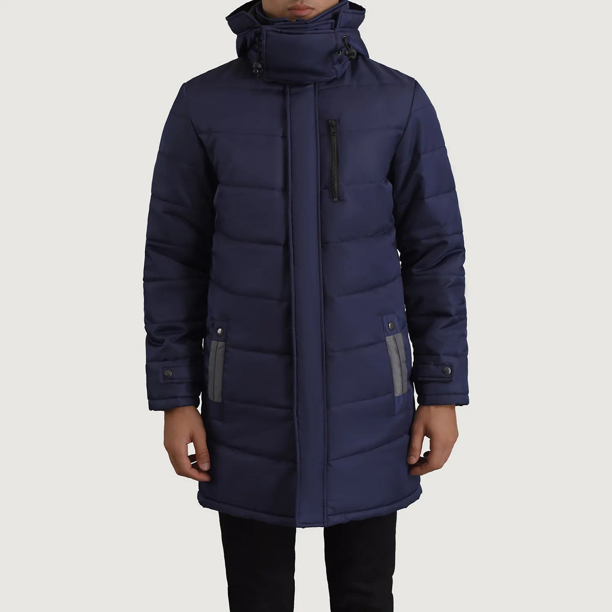 
ახლო ხედი of Classic Collar & Zipper With Snap Button Placket Hardware on Moore ლურჯი Hooded Parka მამაკაცის