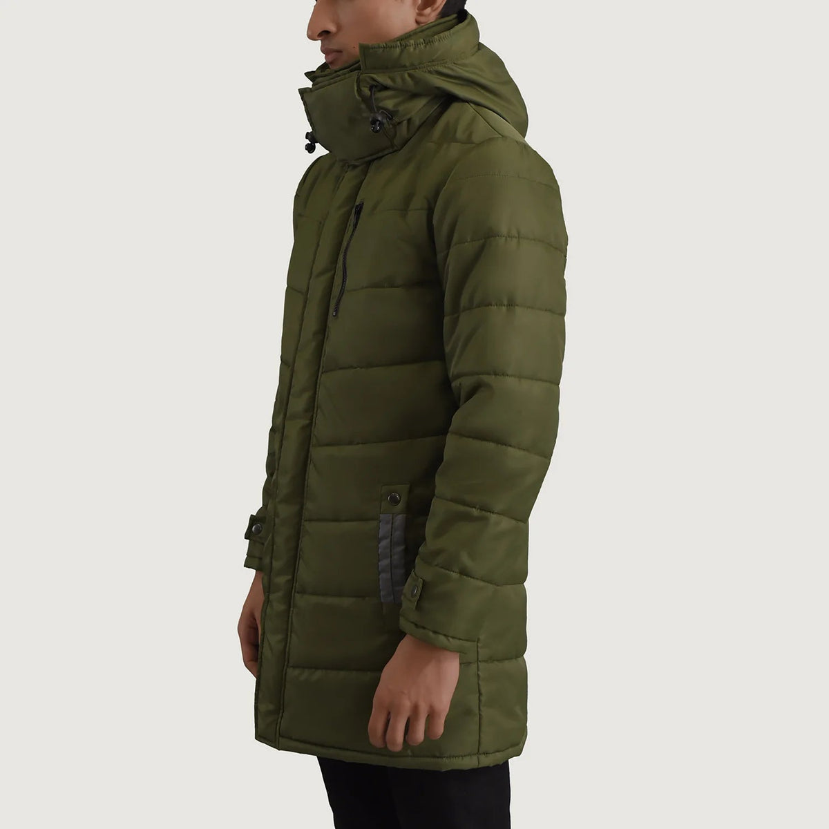 
Green Full-Grain Leather Hooded Jacket - უკანა ხედი გამოკვეთილი მხრებით და სუფთა დაბოლოებით
