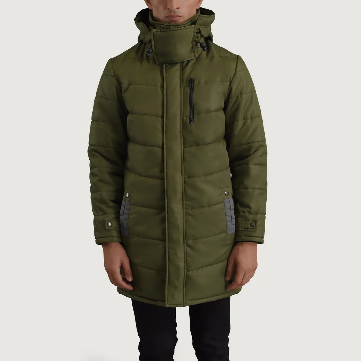 
ახლო ხედი of Classic Collar & Zipper With Snap Button Placket Hardware on Moore მწვანე Hooded Parka მამაკაცის