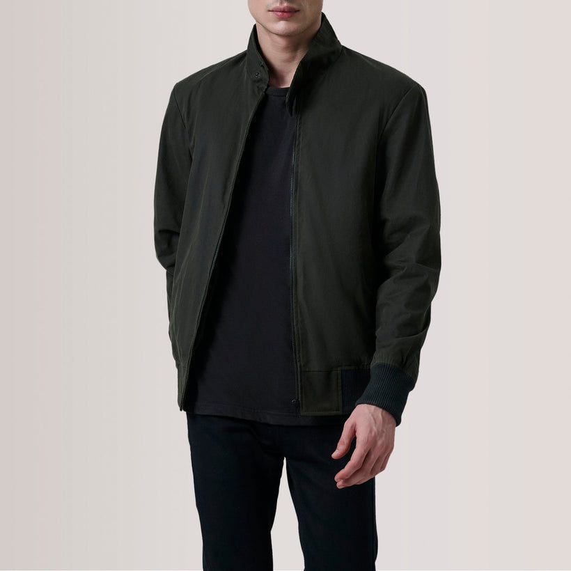 Morrison Olive Canvas ტყავის ბომბერი მამაკაცის