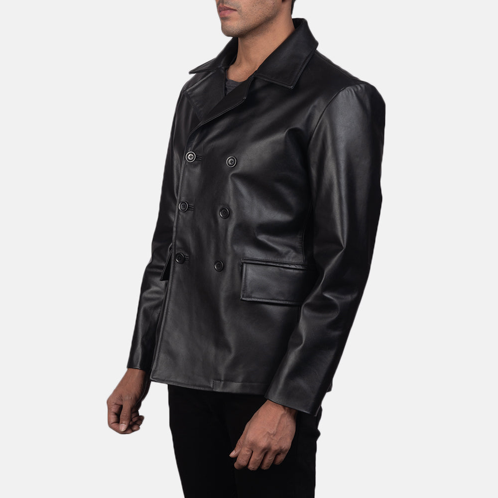 
Black Cowhide leather Blazer - უკანა ხედი გამოკვეთილი მხრებით და სუფთა დაბოლოებით