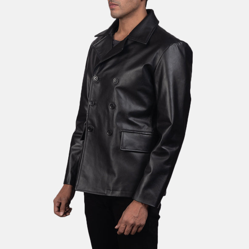 Mr. Bailey შავი Leather Naval Peacoat მამაკაცის