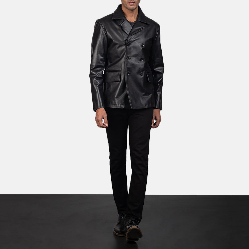 
Mr. Bailey შავი Leather Naval Peacoat მამაკაცის - გვერდითი პროფილი ერგონომიული სახელოს ჭრით