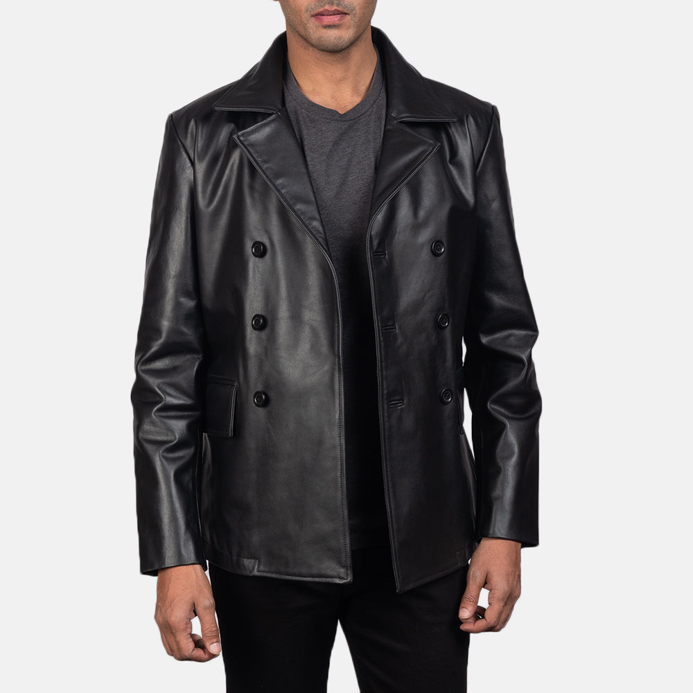 
ახლო ხედი of Notch & Buttons Hardware on Mr. Bailey შავი Leather Naval Peacoat მამაკაცის