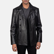 
ახლო ხედი of Notch & Buttons Hardware on Mr. Bailey შავი Leather Naval Peacoat მამაკაცის