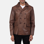 Mr. Bailey Brown Leather Naval Peacoat in Brown Cowhide Leather - Front Profile View &amp; Tailored Silhouette | Buy Online