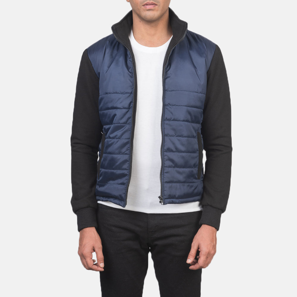 
Nashville ნაკერიანი ლურჯი Windbreaker ტყავის ქურთუკი მამაკაცის in Blue & Black Nylon (Torso) &Amp; Knitted Fabric (Sleeves) - წინა ხედი და მორგებული სილუეტი | შეიძინეთ ონლაინ